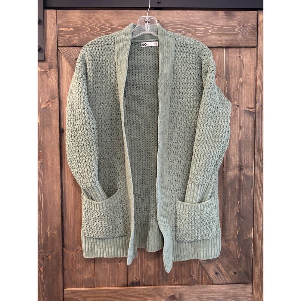 SO Open Front Chunky Knit Cardigan Womens Small Green Long Sleeve Sweater